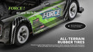 Close-up of a green and black WLtoys 1:28 scale racing mini RC car from Lacatang Shop, featuring its all-terrain rubber tires. Text reads, "FORCE! READY TO WIN!" and "ALL-TERRAIN RUBBER TIRES," highlighting high-performance natural rubber with strong ground adhesion and friction resistance.