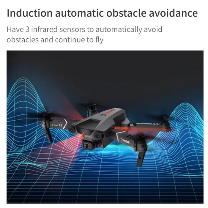 A black drone with red accents soars against a dark background adorned with blue and white wave graphics. The text above the image reads "Induction automatic obstacle avoidance," while below it states, "The Yellow Pandora Ninja Dragon Phantom X HD Dual Camera Smart Quadcopter Drone has 3 infrared sensors to automatically avoid obstacles and continue to fly.