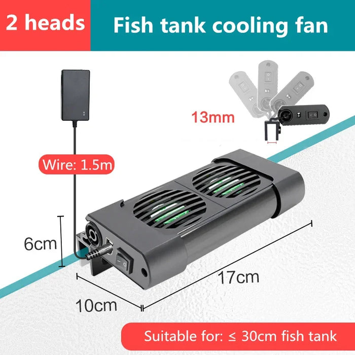 The image features a Lacatang Shop Aquarium Fish Tank Cooling Fan System from Mainland China, measuring 17cm x 10cm x 6cm with dual heads, a 1.5m wire, and suitable for tanks up to 30cm. It offers an adjustable angle up to 13mm.