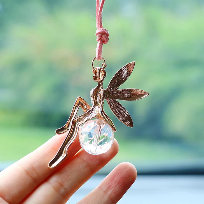 Fairy-Themed Pink Crystal Ball Rearview Mirror Pendant for Car Interior Decoration