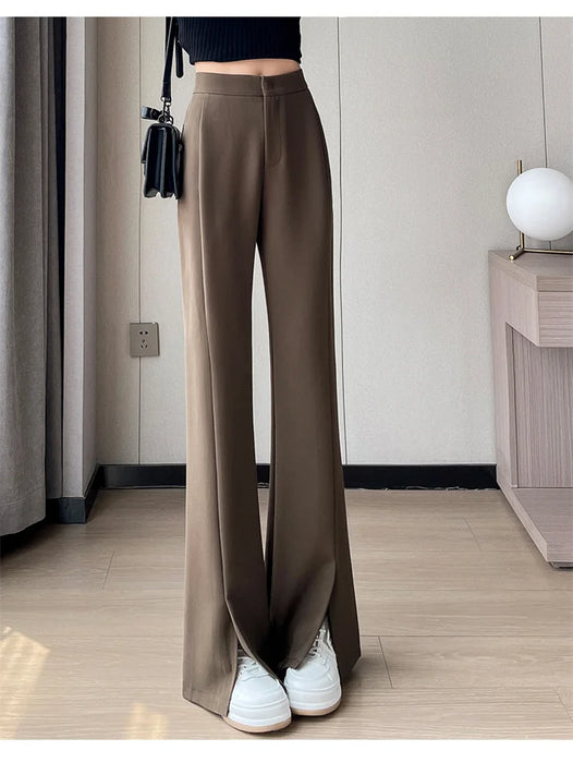 Jielur Coffee Skinny Basic Suit Women Wide Leg Pants Autumn Straight Casual Apricot Trousers Solid Color Split Office Lady Pants