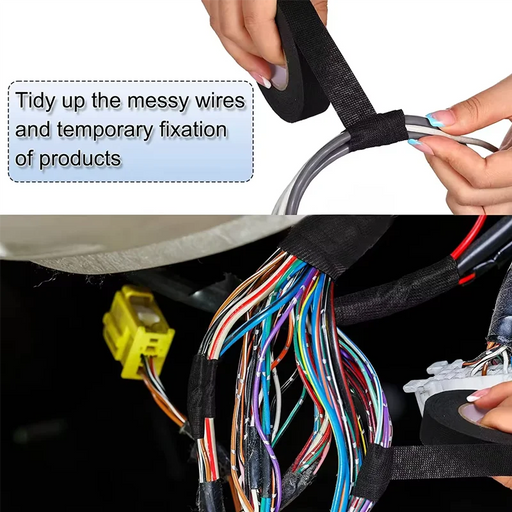 Two images show hands using AliExpress' New Multipurpose Cloth Sticker Fabric Tape to neatly wrap and organize bundles of colorful wires. The top image captures the tape being prepared, while the bottom image displays the wires after being tidily wrapped. Renowned for its tensile resistance, this tape guarantees an orderly finish. A caption reads, "Tidy up messy wires and temporarily fix products.