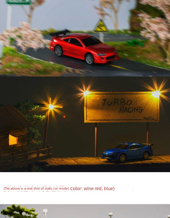 A wine red Turbo Racing 1:76 Miniature Full-Scale C71c72c73c74 Remote Control Electric Drift Sports Car from Lacatang Shop speeds around a curve on a model road, set amidst miniature trees. Below, a blue sports car model is parked under a lit "Turbo Racing" sign. The bottom text reads: "The above is a real shot of the static car models. Color: wine red, blue.