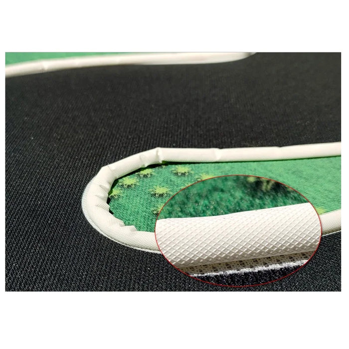 Close-up of a black rectangular LDARC Mini RC Car Racing Track Mat by Lacatang Shop, showcasing a white grid-like border ideal for 1/76, 1/64, and 1/58 scale vehicles. Set against a speckled green background. Available in 160x90cm & 120x60cm sizes.