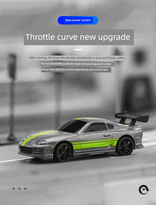 Close-up of a Turbo Racing 1:76 Miniature Full-Scale C71c72c73c74 Remote Control Electric Drift Sports Car Toy with green stripes displayed on a blurred background. Text above the car reads: "Throttle curve new upgrade." Additional text describes improvements in throttle acceleration. The electric sports car, available from Lacatang Shop, features a large rear wing and appears to be on a street.