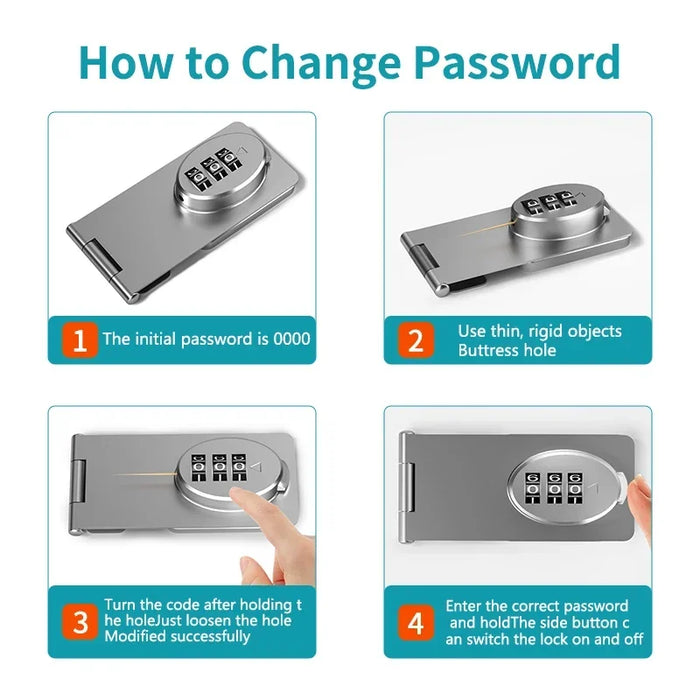 To change the password on the AliExpress Childden Cabinet Lock: 1) Start with code 0000. 2) Insert a rigid object into the buttress hole. 3) Hold and turn the dial. 4) Enter your new code and press the side button to confirm. Ideal for all cabinet types!.