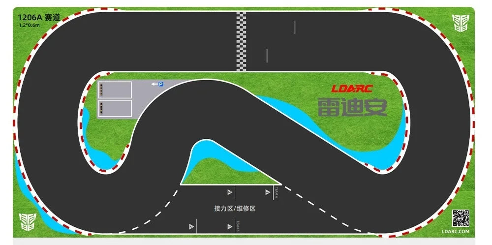 The LDARC Mini RC Car Racing Track Mat from Lacatang Shop, made of PK Mesh Cloth, features a black winding path on green, with a starting line, curves, and a "1206A" parking area. "LDARC" and Chinese characters are printed on it. Available in 160x90cm & 120x60cm sizes for tabletop fun.