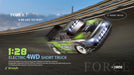 Promotional image for the WLtoys 1:28 284131 284161 2.4G Racing Mini RC Car by Lacatang Shop. The truck is racing on a track, highlighting its high-speed performance of up to 30 km/h. It features a striking green and black design with bold text: "FORCE! READY TO WIN!" and "+100M" indicating the remote control range, powered by a lithium battery.
