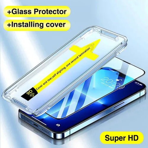 An 8K high-end tempered glass screen protector and an installing cover from AliExpress are displayed over a phone with a blue screen. The screen protector features a yellow arrow and text with the company's description included. Bright yellow labels read "+Glass Protector," "+Installing Cover," and "Super HD.