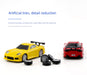 Two miniature remote control sports cars from Lacatang Shop's JDM Racing collection, one yellow and one red, are displayed on a white surface. Several small tires are scattered in front of these cars. The text above the image reads “Turbo Racing tires, detail reduction," emphasizing the high-quality materials used for these realistic toys.