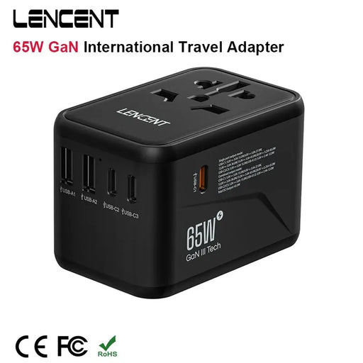 A 65W/100W GaN international travel adapter by AliExpress. This fast charging LENCENT adapter comes in black and features two USB-A ports, three USB-C ports, and a universal AC outlet on the top. The product branding and specifications are visible, with certifications for CE, FCC, and RoHS displayed at the bottom left.