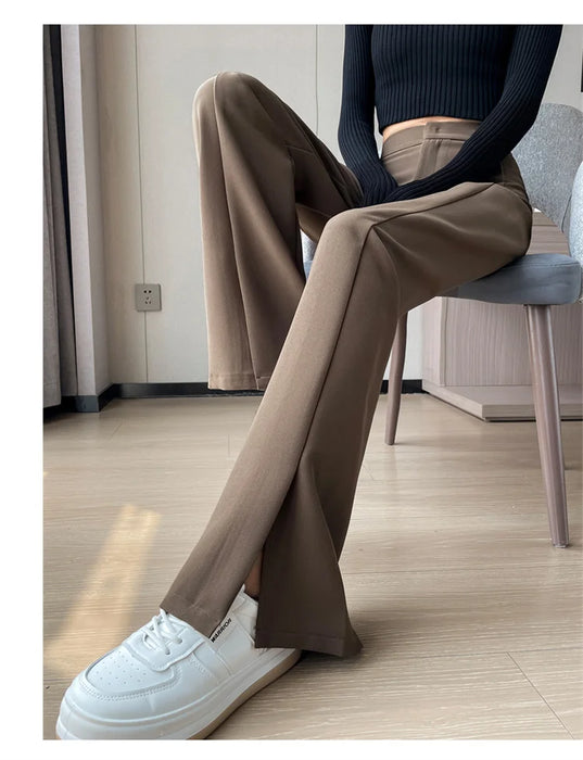 Jielur Coffee Skinny Basic Suit Women Wide Leg Pants Autumn Straight Casual Apricot Trousers Solid Color Split Office Lady Pants