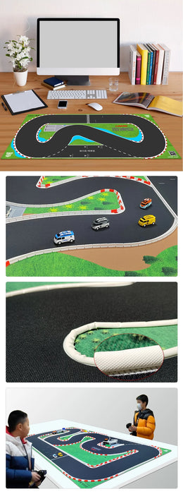 A multi-view image displays a desk setup with Lacatang Shop's Portable Mini RC Car Race Track Mat, featuring 1/76 scale RC cars. Close-ups reveal car details and track texture on PK mesh cloth. Two children enjoy playing with remote controls on a mat identical to the desk setup.