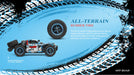 A graphic showcases the high-performance, all-terrain rubber tire made from natural materials. The tire is featured on a WLtoys 1:28 284131 284161 Racing Mini RC Car, capable of reaching speeds up to 30KM/H and available at Lacatang Shop. The background includes dynamic tire tread patterns and blue accents, emphasizing the car's impressive capabilities.