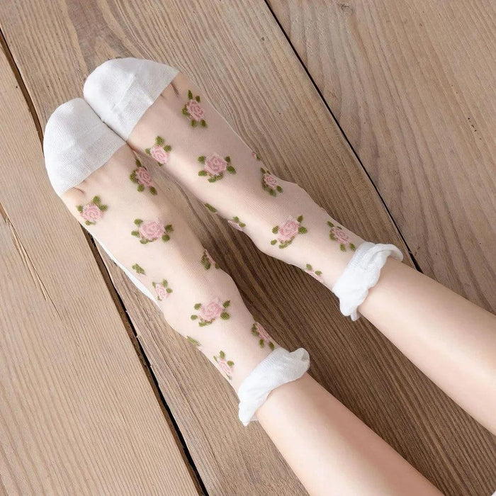 Summer Ultra-thin Transparent Lace Ruffle Socks Vintage Rose Flower Crystal Silk Socks Women Girls Kawaii Harajuku Crew Socks - Lacatang Shop