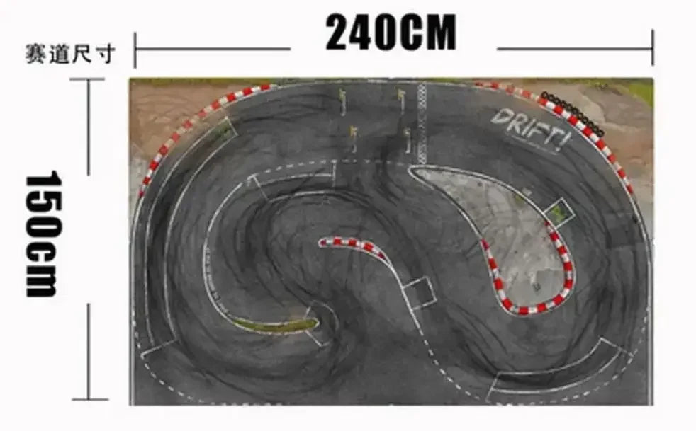 Aerial view of the Lacatang Shop's 2.4m Drift Racing Track, perfect for RC cars such as Kyosho Mini-Z, Mini-Q, and WLtoys. It measures 240cm by 150cm and boasts sharp curves, drift marks, red-and-white curbs, with "DRIFT!" painted in the top right corner.