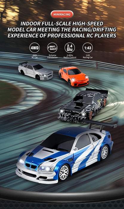 A promotional poster featuring three Lacatang Shop 1/43 RC Car Mini Racing Cars on a racing track, showcasing their high-speed and drifting capabilities. The image highlights features like 4WD, 2.4GHz radio control, and a 1:43 scale. Text at the top reads "Indoor Full-Scale High-Speed RC Drift Car.