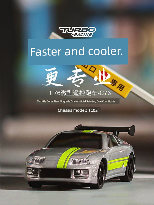 A promotional image for the JDM Racing Miniature Toy Remote Control Sports Car by Lacatang Shop. The silver car with neon green stripes is featured in the foreground with a grey gradient background. Text above it includes "Faster and cooler" along with details in both English and Chinese about the car's specifications.