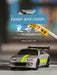 A promotional image for the JDM Racing Miniature Toy Remote Control Sports Car by Lacatang Shop. The silver car with neon green stripes is featured in the foreground with a grey gradient background. Text above it includes "Faster and cooler" along with details in both English and Chinese about the car's specifications.