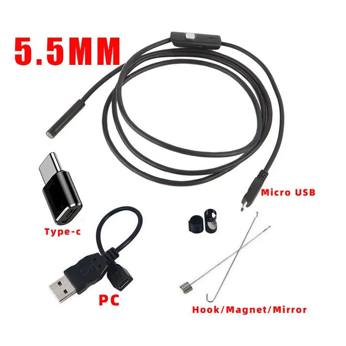 Image showing the AliExpress MM Class Endoscope Camera Flexible Waterproof Mini Industrial model featuring a 5.5mm camera diameter and a long, bendable cable. The package includes adapters for Type-C, Micro USB, and PC connections. Additional accessories include a hook, magnet, mirror, and black rubber fasteners for versatile use in various high-definition video capture scenarios.