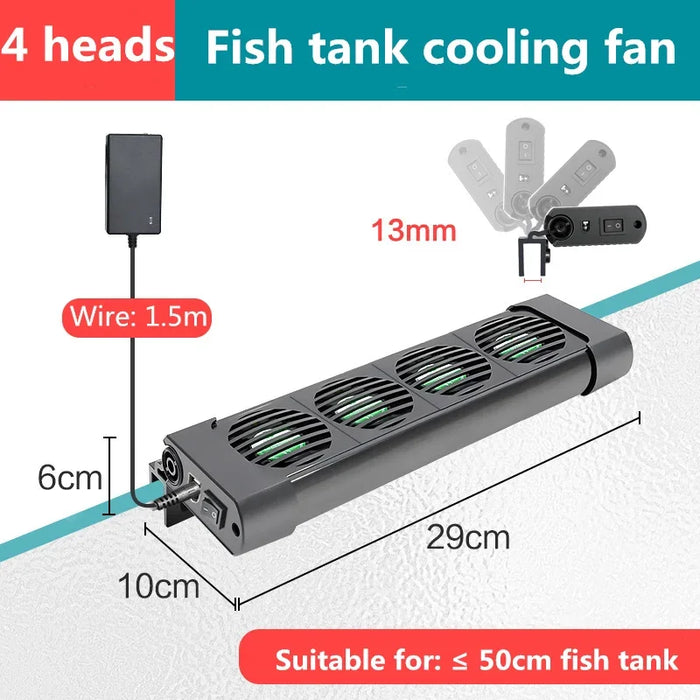 This Lacatang Shop aquarium cooling fan system from Mainland China features a four-head design with dimensions of 29cm x 10cm x 6cm and a sleek 13mm fan thickness. Ideal for tanks up to 50cm, it includes a convenient 1.5m wire and power adapter.