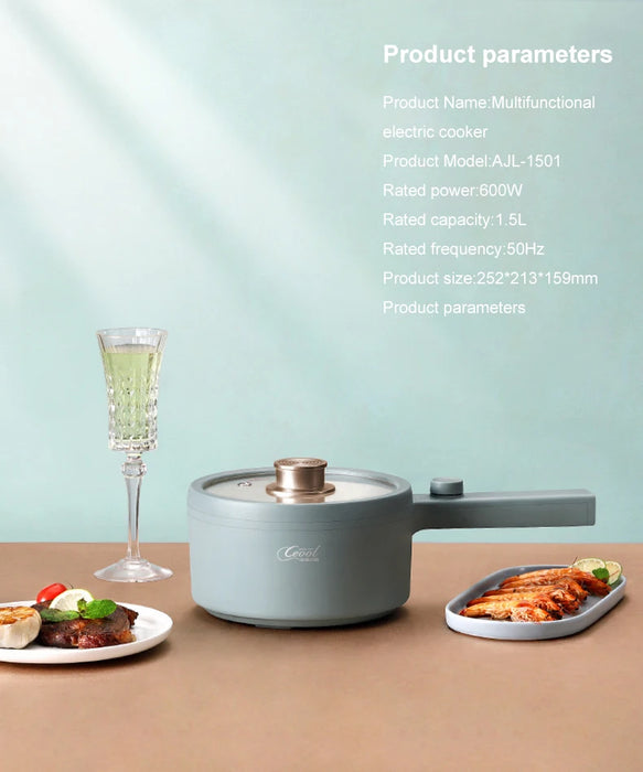 A 2024 New Portable 1.5L Multi-function Pot Rice Cooker Electric Cooking Stir Frying Noodle Pot Mini Hot Pot Household Dormitory from Lacatang Shop is positioned on a beige table, accompanied by a glass of green liquid, a plate of food with meat and vegetables, and another dish featuring slices of meat. Product specifications like the model and capacity are listed on the light green background.