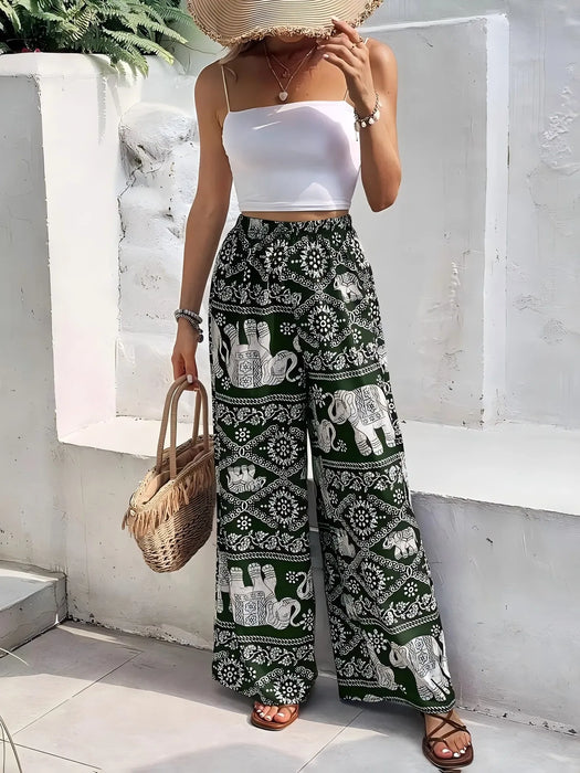 Fashion Women Wide Leg Pants High Waist Thailand Elephant Print Pant Summer Thin Straight Trousers Casual Bottom Female Clothing