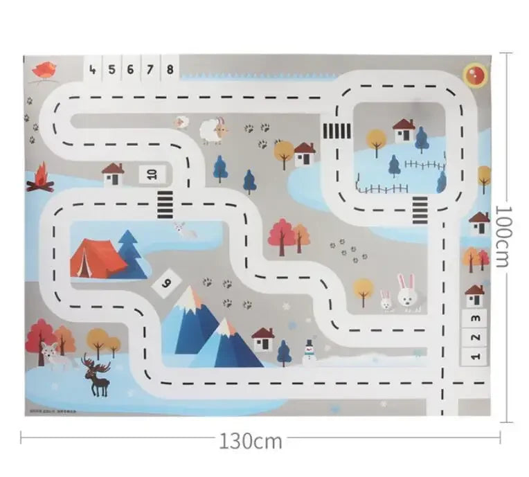 The Lacatang Shop's Interactive City Traffic Play Mat for Kids features a waterproof educational rug (130cm x 100cm) with a winding road connecting numbered spots, houses, trees, mountains, a tent, and playful animals like rabbits and deer in a whimsical landscape.