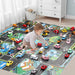 A child enjoys the Lacatang Shop's Colorful Cartoon City Traffic Play Mat, navigating toy cars on its streets. This educational baby rug boosts cognitive skills, while a stuffed animal decorates a cabinet by the window in a bright room.