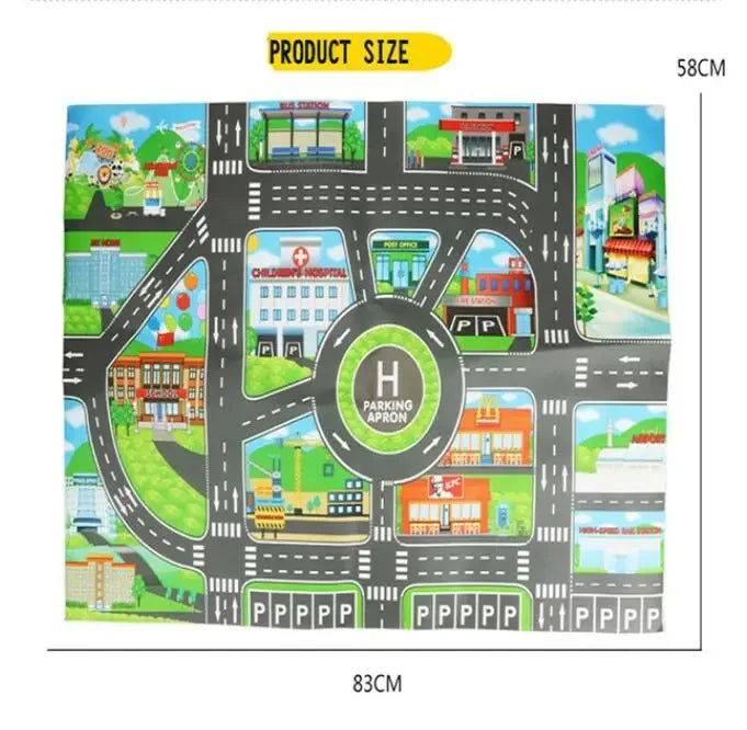 The Lacatang Shop's Interactive City Traffic Play Mat is a waterproof educational rug, 83 cm by 58 cm, designed for imaginative play. It features a city layout with roads, buildings, and parking spaces, including illustrations of a gas station, school, hospital, and shops—ideal for kids' interactive adventures.