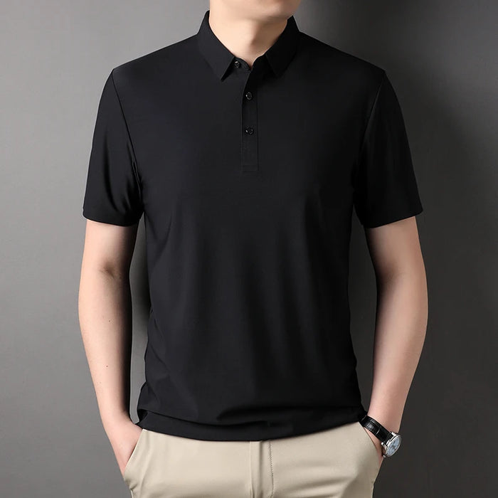 Classic Black High Quality Wrinkle Resistant Ice Silk Short Sleeved T-shirt Men's Summer Lapel Casual Solid Color Tops Polo Men