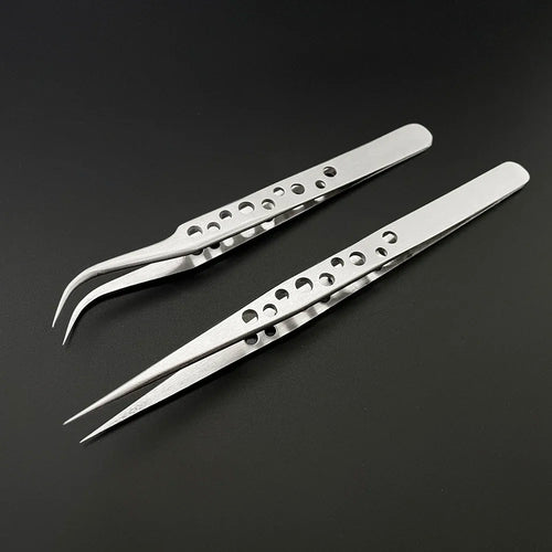 Image of two AliExpress Industrial Tweezers Electronics Anti-static Curved Straight Tip, polished to a shine, with holes in their handles set against a black background. One tweezer has pointed tips while the other has curved tips.