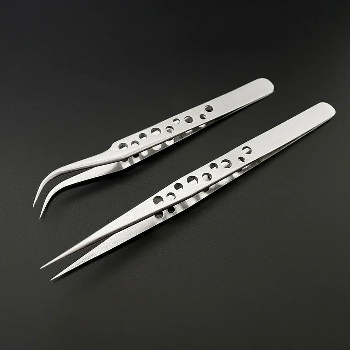 Two metallic AliExpress Industrial Tweezers Electronics Anti-static Curved Straight Tip are displayed against a black background. One tweezer has straight tips, while the other features curved tips. Both tweezers have a series of circular holes along their handles for weight reduction and enhanced grip, ensuring smooth performance and precision during delicate tasks.