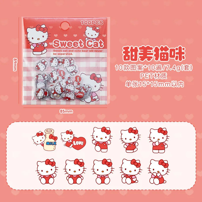 The Lacatang Shop "100 Mixed Sanrio Cartoon Kawaii Stickers for Students" package includes 100 small stickers featuring Pochacco, Kuromi, Melody, and Kitty. Perfect as birthday gifts, their charming illustrations evoke a playful vibe similar to popular Sanrio characters.