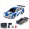 Two 1/43 scale 1/43 RC Car Mini Racing Cars from Lacatang Shop are displayed, one in blue and white and the other in black with a camouflage pattern. The package includes a remote controller, charging cables, and red cones. The background features a product box with the word 