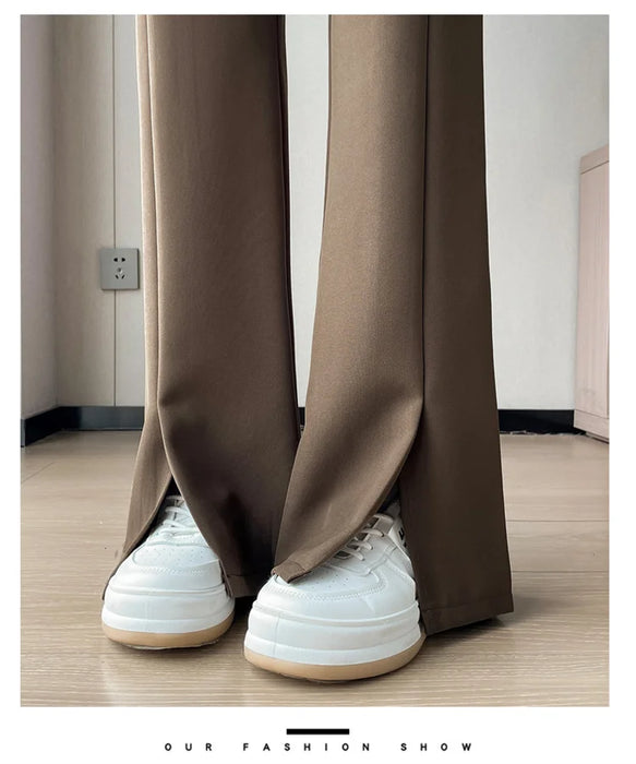 Jielur Coffee Skinny Basic Suit Women Wide Leg Pants Autumn Straight Casual Apricot Trousers Solid Color Split Office Lady Pants