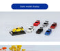 A display features seven static Turbo Racing 1:76 Miniature Full-Scale C71c72c73c74 Remote Control Electric Drift Sports Car Toys from Lacatang Shop, including a yellow car on a black pedestal. The others, resembling electric sports cars, are red, white, gray, black, and blue models arranged in a line. An empty display case is positioned to the left of the models.