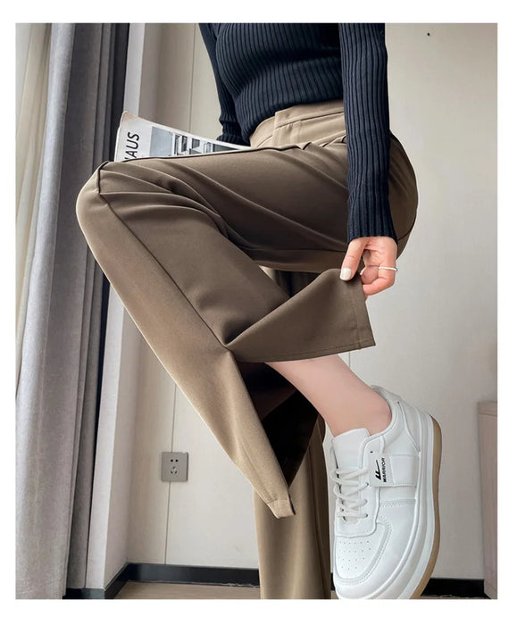 Jielur Coffee Skinny Basic Suit Women Wide Leg Pants Autumn Straight Casual Apricot Trousers Solid Color Split Office Lady Pants