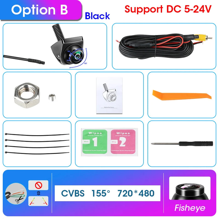 Image displaying parts of the Lacatang Shop's waterproof Develuck 170° fisheye rear view camera kit. Includes night vision HD 1080P camera, cables, mounting hardware, cleaning wipes, trim tool, zip ties, and manual. Features black color, supports DC 5-24V, wide 155° CVBS view.