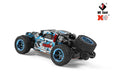 A toy remote-controlled car with a blue and black camouflage design, large treaded tires, and a spare tire mounted on the back. The WLtoys and Lacatang Shop logos are visible in the top right corner. This remote control car, officially named WLtoys 1:28 284131 284161, can reach speeds up to 30KM/H and is powered by a durable lithium battery.