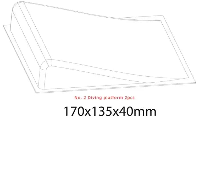 Illustration of a diving platform design measuring 170x135x40mm. Simplified outline labeled "No. 2 Diving platform 2pcs" in red text is shown, with customizable track layout ideas for unique racing experiences using TURBO RACING 1:76 Remote Control Car Track Mat with Cement Blocks and Drift Jumps by Lacatang Shop.