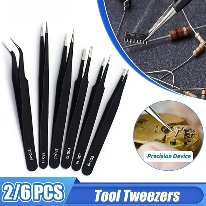 Image displaying a set of six black ESD Anti-Static Stainless Steel Tweezers Precision Maintenance, labeled ESD-10 to ESD-15. Smaller images in the background depict the tweezers being used for electronic repair and watch handling. Text reads "2/6 PCS" and "Tool Tweezers." Product by AliExpress.