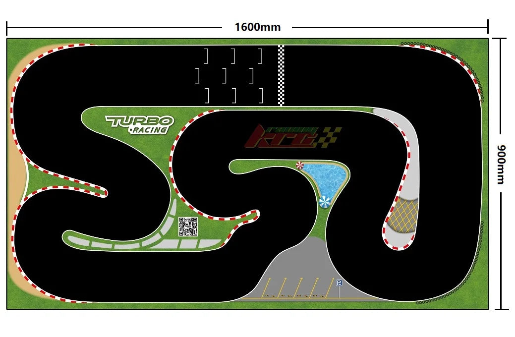 Aerial view of Lacatang Shop's Portable 1600x900mm Turbo Racing Rubber Mat for Mini RC Cars, showcasing winding black roads, red and white curbs, and a checkered finish line. Green areas, logos, and parking spaces enhance this table racing accessory.