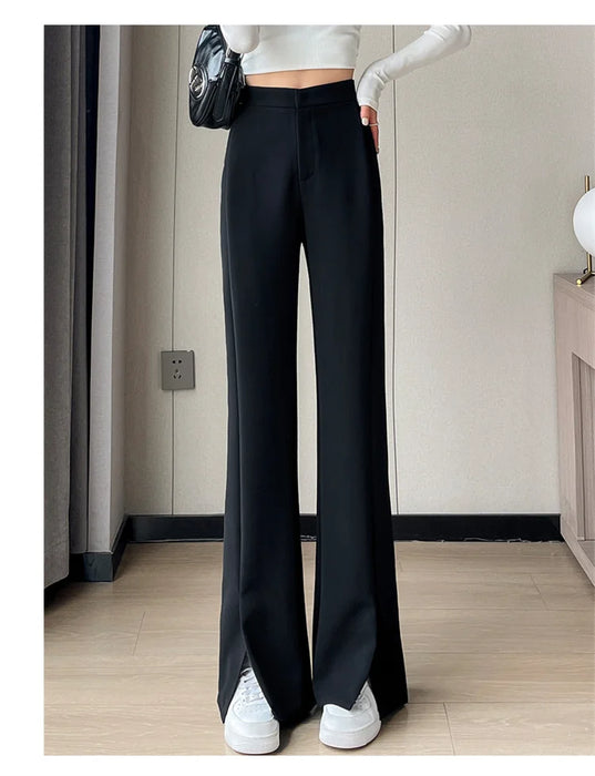 Jielur Coffee Skinny Basic Suit Women Wide Leg Pants Autumn Straight Casual Apricot Trousers Solid Color Split Office Lady Pants