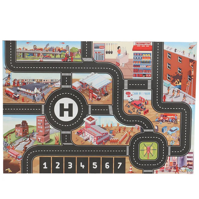 Discover the Lacatang Shop’s City Traffic Play Mat for Babies—an educational road map carpet with vivid city layouts. It features a hospital, car repair shop, fire station, and grocery store, offering numbered parking spaces (1-7), a river, bridges, and traffic signs to explore road safety concepts.