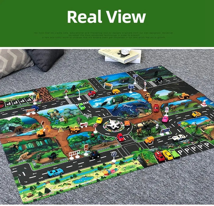 Kids Waterproof Playmat - Portable Dinosaur and Farm Road Activity Carpet for Toddlers, Non-Toxic Educational Crawling Mat