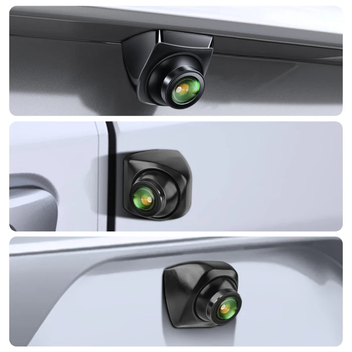 Three close-up images feature Develuck HD 1080P rear view cameras mounted on different car parts, showcasing varied angles and designs. The Lacatang Shop products have a black housing with fisheye golden lenses against a light gray car surface, emphasizing their waterproof and night vision capabilities.