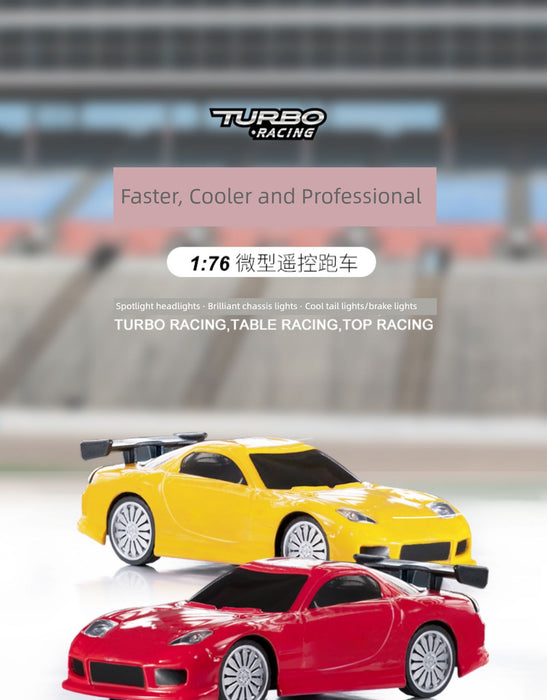 An advertisement for the Lacatang Shop features two miniature, sleek sports cars with a stadium in the backdrop. One car is yellow, and the other is red. The text highlights "JDM Racing," boasting "Faster, Cooler, and Professional." These 1:76 scale remote control racing toys are perfect for enthusiasts, with details provided in both English and Chinese.