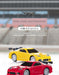 An advertisement for the Lacatang Shop features two miniature, sleek sports cars with a stadium in the backdrop. One car is yellow, and the other is red. The text highlights "JDM Racing," boasting "Faster, Cooler, and Professional." These 1:76 scale remote control racing toys are perfect for enthusiasts, with details provided in both English and Chinese.