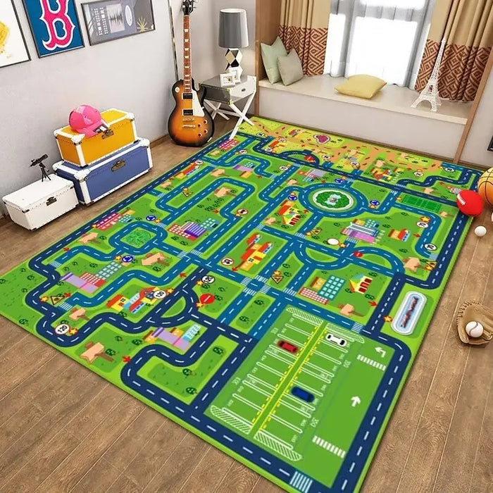 The Lacatang Shop's VIKAMA Kids' Cartoon Traffic Play Mat, featuring a colorful city map with roads and parking areas, decorates the wooden floor. Nearby are a guitar and suitcase, as sunlight streams through a window with curtains and cushions.